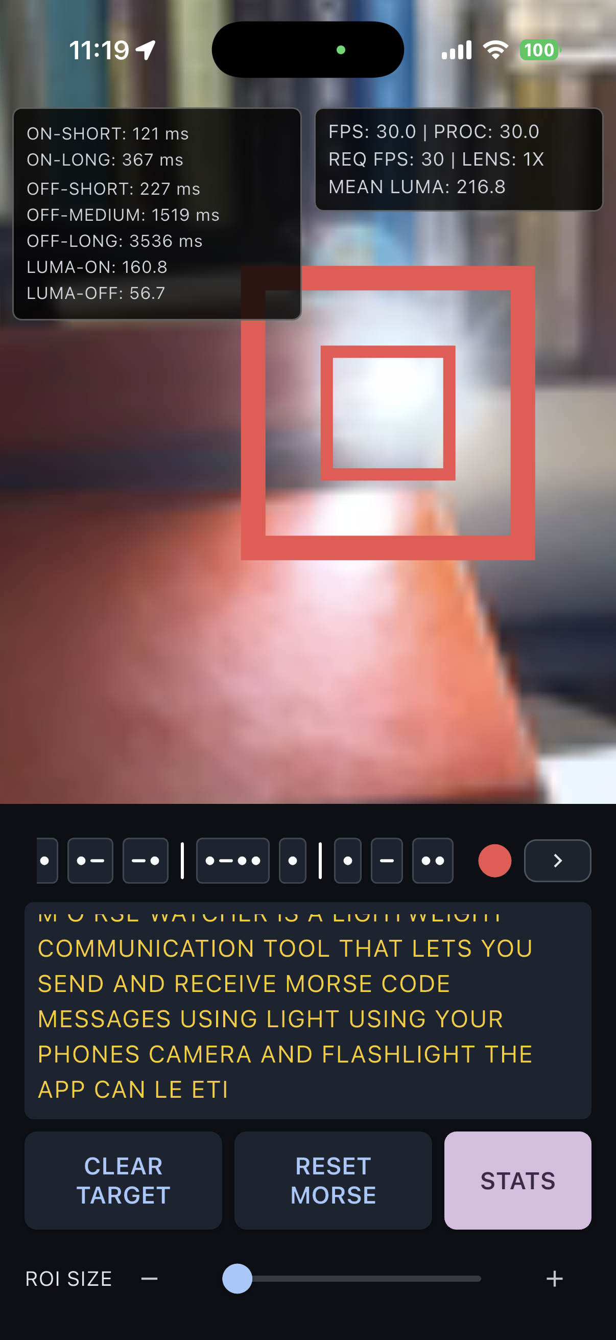 Morse Watcher decoding Morse while tracking the active light source.